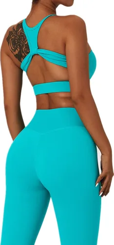 Vista 2 de ABOCIW Conjuntos de entrenamiento para mujer, 2 piezas, cintura cruzada, leggings de cintura alta, tirantes deportivos, para ejercicio, gimnasio
