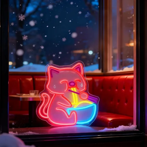 Vista 4 de Letrero de neón con texto en inglés "Noodle Cat" con luz abierta, letras LED para decoración de pared, letreros de puerta decorativos LED