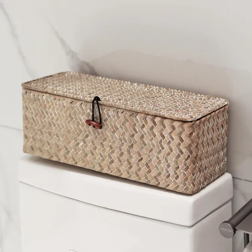 Vista 9 de Cesta de Almacenamiento de Seagrass Blanqueado con Tapa Tejida para Rollos de Papel Higiénico con Secciones Rectangular para Organizar Snacks