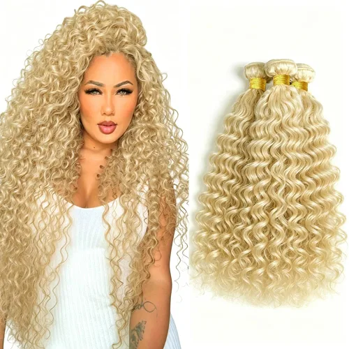 Vista 9 de P4613 Cabello humano rizado onda profunda marrón y paquetes mixtos 8 10 12 P4613 Ombre Marrón-Rubio-DP