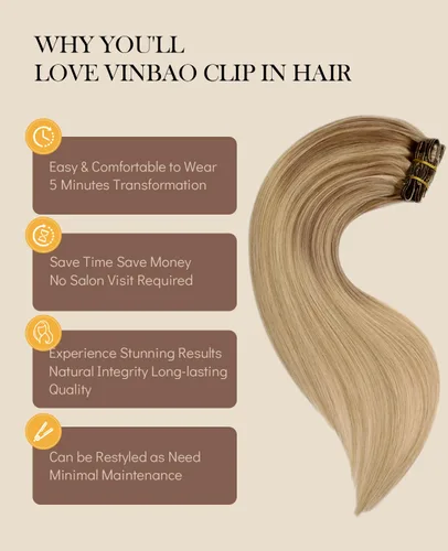 Vista 2 de VINBAO Extensiones de cabello humano con clip, balayage, color marrón ceniza a rubio caramelo, 14 pulgadas, 6 unidades, 3.53 onzas, 6