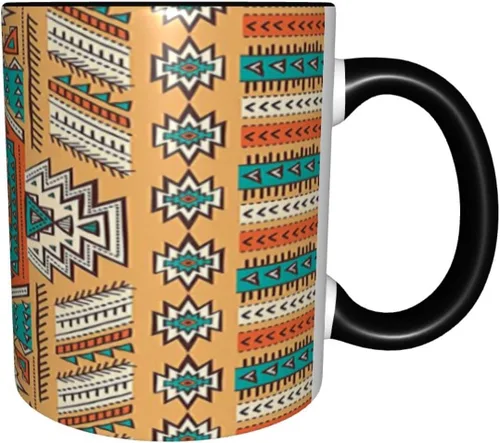 Vista 9 de Taza de café grande de cerámica, taza única tribal, patrón de tribu secreta azteca india, bohemio, 11 onzas, para oficina y hogar, naranja y verde