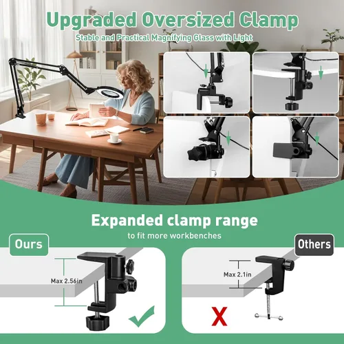 Vista 5 de Lupa 12X con luz con abrazadera, brazo largo extendido de 35.2 pulgadas Overhead Button Magnifier Lamp 4.2in Real Glass, Adjustable