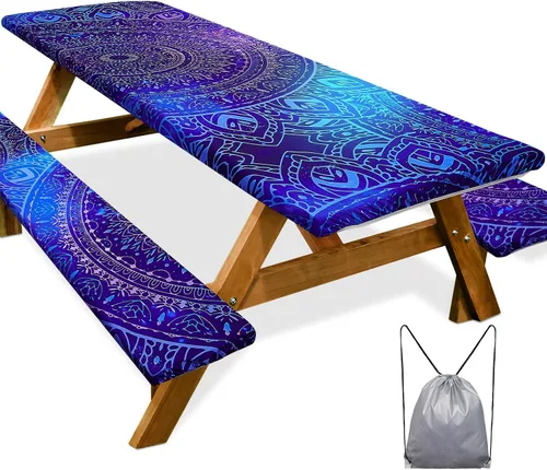 Vista 60 de Funda de mesa de picnic con fundas para bancos Esenciales de camping Mantel de picnic impermeable y a prueba de viento con bolsa de cordón, funda