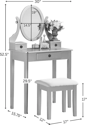 Vista 5 de Roundhill Furniture - Juego de tocador de madera Moniys Mesa de maquillaje y taburete Azul