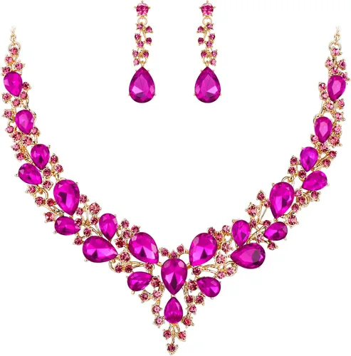 Vista 19 de BriLove Women's Wedding Statement Necklace Dangle Earring Jewelry 01-Tono plateado transparente