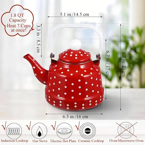 Vista 2 de Estufa de té esmaltada vintage de 1.8 cuartos de galón, tetera esmaltada con manchas rojas y blancas, esmalte en acero y café con asa, hervidor