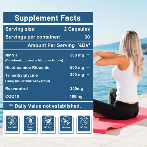 Vista 2 de inGreens 500 mg NMNH, alternativa de suplemento NMN con NR, TMG, resveratrol, COQ10, suplemento NAD, antienvejecimiento, energía, aumenta