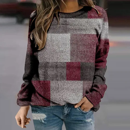 Vista 2 de Camisetas casuales para mujer, con cuello redondo, estilo casual, holgada, de manga larga, mezcla de algodón, para mujer