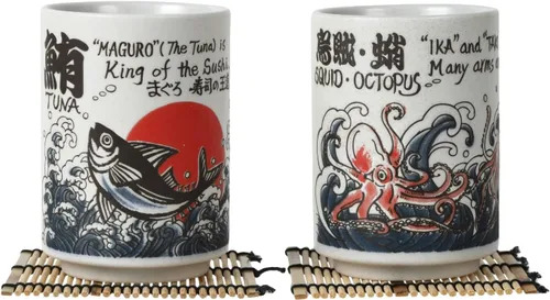 Vista 8 de Tazas de té japonesas Sushi-Yunomi Mino Ware con posavasos de bambú (juego de 2) (Mt. Fuji)