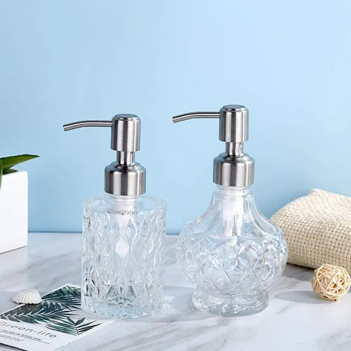 Vista 8 de YunNasi Dispensadores de jabón de vidrio con bomba, diseño de cristal, vintage y elegante, dispensadores de jabón líquido recargables para encimera