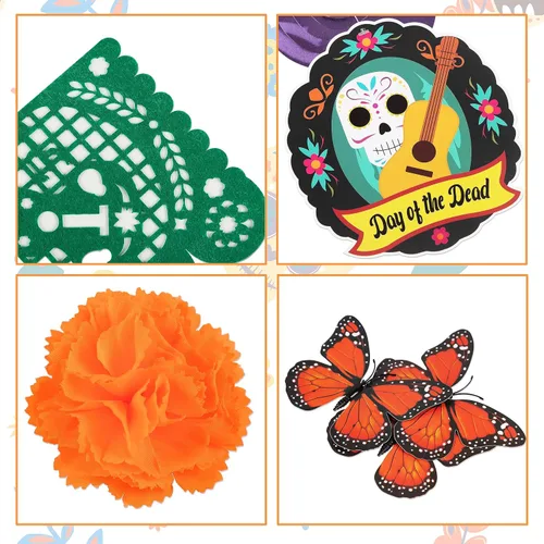 Vista 5 de Juego de 140 piezas de decoración del día de los muertos: decoración del día de los muertos, papel picado, caléndula, mariposa, espirales colgantes