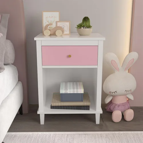 Vista 10 de Mesita de noche de madera para dormitorio con 1 cajón y 1 compartimento abierto (blanco)