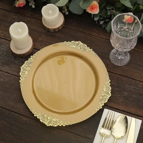 Vista 35 de Paquete de 10 platos redondos de plástico barroco dorado de 8 pulgadas para ensalada de postre, vajilla desechable con borde dorado en relieve