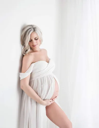 Vista 3 de JustVH Vestidos de maternidad para sesión de fotos hombros descubiertos vestido de encaje de gasa vestido largo con abertura frontal vestidos