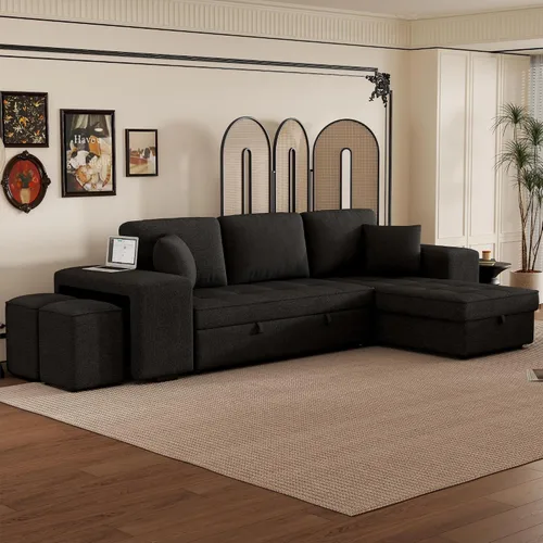 Vista 3 de Sofá cama modular de 104 pulgadas con diván de almacenamiento y taburetes para sala de estar, moderno sofá cama extraíble de 3 asientos