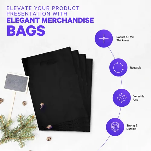 Vista 5 de Infinite Pack Bolsa de plástico con asa troquelada de 9 x 12 pulgadas, bolsas de plástico negro para mercancía, paquete de 100 unidades para venta