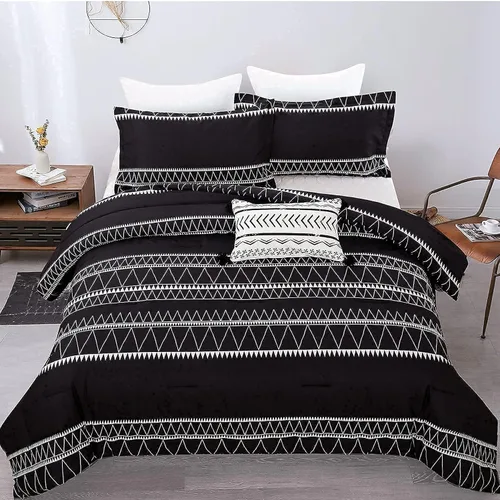 Vista 2 de WONGS BEDDING Juego de edredón negro tamaño matrimonial, edredón reversible bohemio a rayas de plumón alternativo para cama matrimonial, 3 piezas