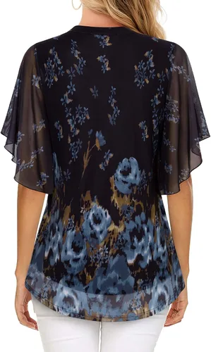Vista 3 de Timeson Blusas de manga corta con cuello en V para mujer, camisas florales de doble capa de malla