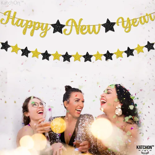 Vista 9 de KatchOn, Cartel de Feliz Año Nuevo pre-encordado – 10 pies, NO DIY, decoraciones doradas de la víspera de feliz Cartel de decoración de fiesta