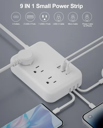 Vista 3 de Regleta de alimentación de viaje con 3 cables integrados, cable de extensión de enchufe plano con 3 tomas, 6 puertos USB, cable de extensión plano