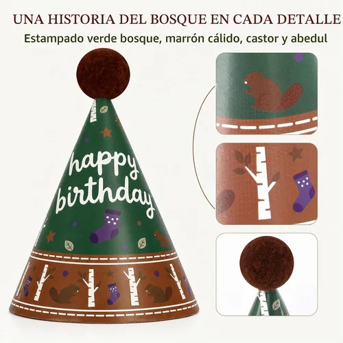 Vista 5 de Vesil Mini sombreros de fiesta para niños, 12 sombreros de cumpleaños de estilo de animales de peluche, decoración de mesa de bosque, tapas de Diy