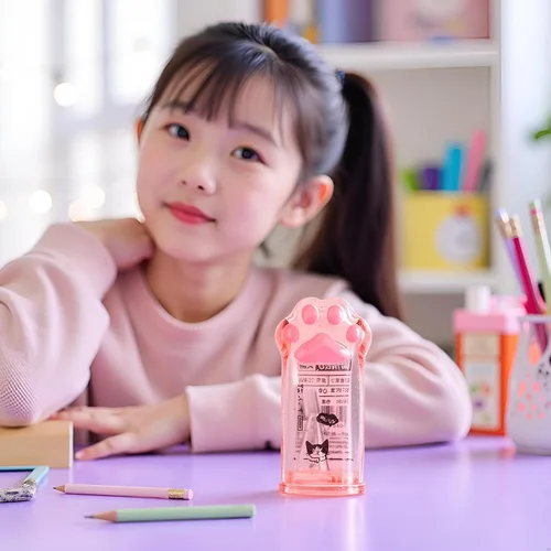 Vista 5 de Sacapuntas de pata de gato rosa, suministros escolares kawaii, premio para estudiantes, regalo para niños, sacapuntas kawaii, suministros