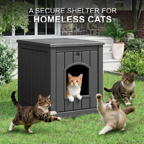 Vista 3 de Casa para gatos al aire libre resistente a la intemperie, casa de plástico para gatos exterior impermeable con puerta frontal abierta, refugio