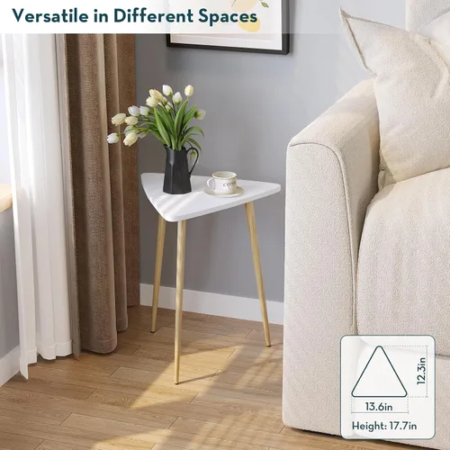 Vista 8 de SAYGOER Mesa auxiliar blanca pequeña triangular, mesa de sofá moderna y estrecha para sala de estar, dormitorio, mesita de noche única, marco