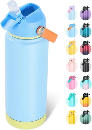 Vista 23 de Fijinhom Botella de agua aislada de acero inoxidable de 18 oz, de boca ancha, de doble pared, con vacío, con pajita de silicona, a prueba de sudor
