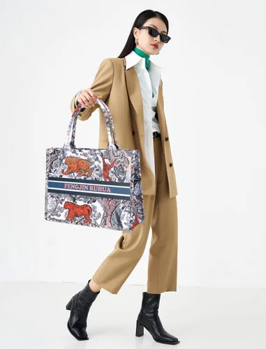 Vista 5 de FENGJINRUHUA Bolso de mano pintado de lujo grande de moda para mujer, bolsos de hombro de cuero, bordado de capacidad, bolso retro exquisito