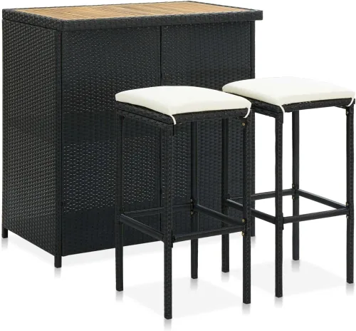 Vista 11 de Juego de barras de 3 piezas de ratán sintético rectangular marrón con marco de acero, diseño moderno para interiores y exteriores, comedor y patio