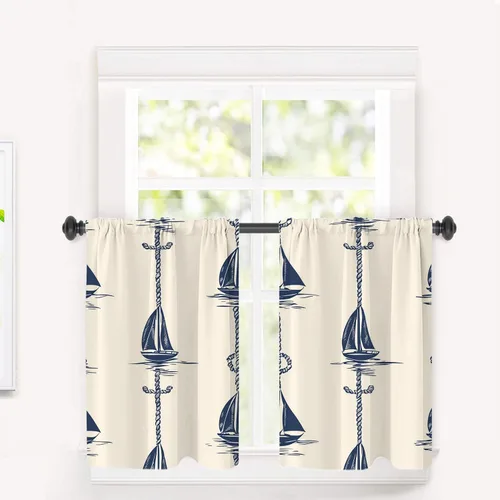 Vista 139 de Maritime Ocean Blackout Tier Curtains, Anchors Nautical Art Half Window Drapes for Kitchen with Rod Pocket,Room Darkening 2 Pack 26X24 Inches