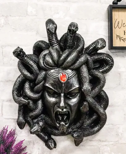 Vista 2 de Ebros Mitología griega Gorgona Diosa Medusa Cabeza con pelo de serpientes y frasco rojo de gema de sangre Decoración de pared Estatua de 16 pulgadas