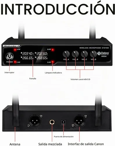Vista 9 de D Debra Audio VM304 Sistema de micrófono inalámbrico VHF con cuatro micrófonos de mano con interfaz XLR para el hogar, karaoke, boda, conferencia