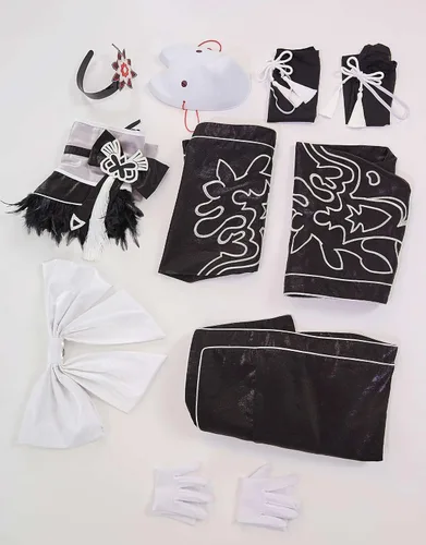 Vista 7 de miccostumes Disfraz de cosplay para mujer, conjunto de kimono negro con medias y banda para el cabello