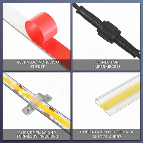 Vista 6 de Tira LED COB para exteriores de 20 pies, IP67, impermeable, 3000 K, luces blancas cálidas
