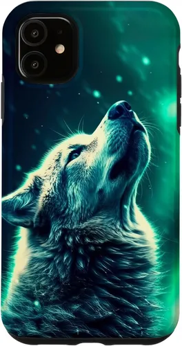 Vista 8 de Howling Wolf in Night Green Northern Lights Wolves Dog Lover Case for iPhone 16