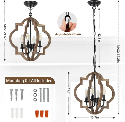 Vista 3 de Lámparas de araña de granja, lámparas de 4 luces para comedor sobre la mesa, lámparas de araña de madera maciza para comedor, lámparas rústicas
