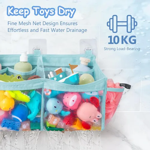 Vista 3 de Extra Large Bath Toy Organizer with 3 Compartments and Multiple Pockets, Quick-Dry Mesh Bathtub Storage for Kids' Toys (Blue)