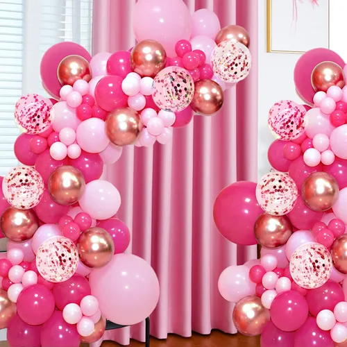 Vista 2 de Kit de arco de guirnalda de globos rosados, 145 globos de oro rosa intenso con globos de confeti para decoración del día de la madre, cumpleaños