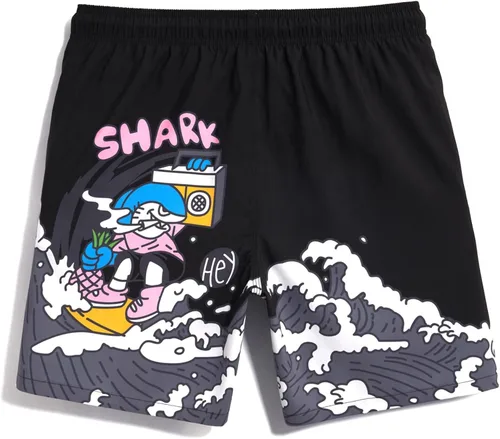 Vista 2 de WDIRARA Traje de baño con estampado de letras de dibujos animados para hombre, con bolsillo inclinado y cordón