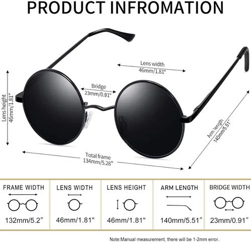Vista 5 de Joopin Gafas de sol redondas pequeñas Hippie Circle Teashades Traje de protección UV Todo negro