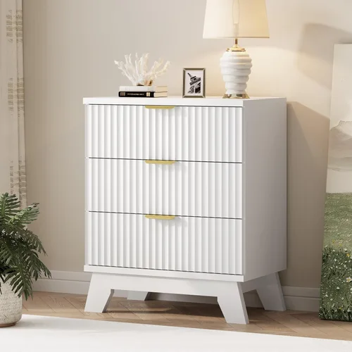 Vista 39 de Cómoda acanalada para dormitorio con 3 cajones, cómoda moderna de 24 pulgadas de ancho con mango de metal, soporte de TV de madera, armario de Negro