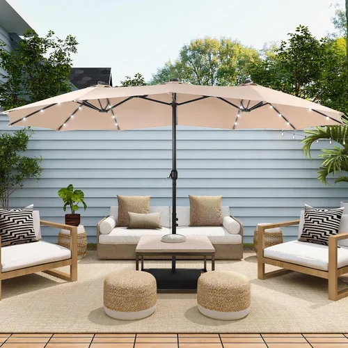 Vista 6 de Sophia & William Sombrilla de patio extragrande de 15 pies con luces solares, sombrilla rectangular para exteriores con base incluida, sombrilla