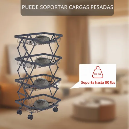 Vista 6 de Cesta de frutas de 4 niveles para cocina, apilable de alambre de metal, cesta de frutas y verduras con ruedas, carrito de utilidad con ruedas