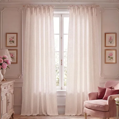Vista 2 de NICETOWN Cortinas de cuadros color rosa rubor para habitación de niños, cortinas de ventana a cuadros con nudo en la parte superior para habitación