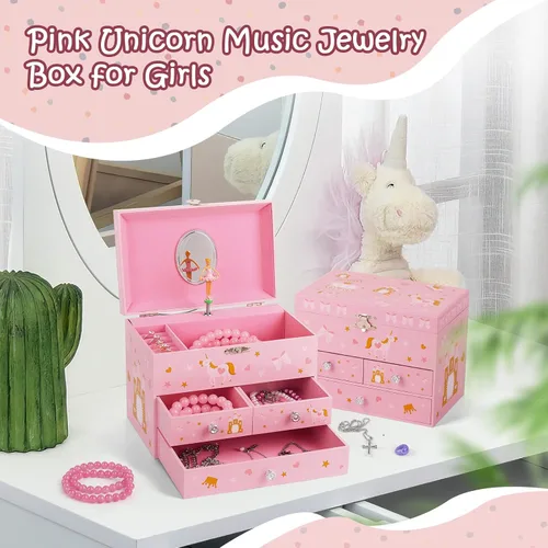 Vista 4 de efubaby Joyero musical mejorado para niñas con 3 cajones extraíbles, juego de joyas de bailarina giratoria y unicornio, joyeros para niños y niñas