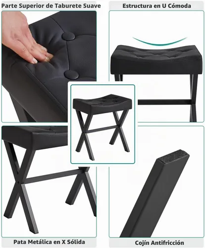 Vista 6 de IBUYKE Taburete de tocador de PU en forma de U, silla cuadrada de maquillaje con patas en X, taburete reposapiés otomano, multiusos como mesa Negro