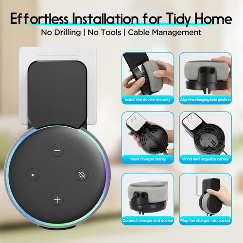 Vista 4 de Soporte de pared para Dot 3ª generación, accesorios para ahorrar espacio, soporte Alexa, accesorios Dot 3 con gestión de cables integrada sin cables